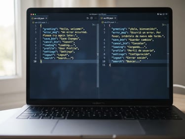 Macro close-up of a sleek modern laptop screen displaying side-by-side English and Spanish code localization files, soft natural daylight from a side window, cool blue and slate gray tones, sharp focus on the text