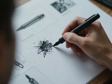 Tight overhead close-up of a designer's hand annotating a printed concept board with a felt-tip pen, cool daylight from the left, ink marks and cropped reference imagery visible on the board surface, high contrast