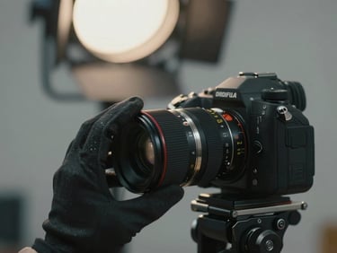 Close-up of a camera rig being adjusted on a studio set — a gloved hand steadying a lens mount, tungsten light source visible in the upper background, shallow depth of field, cool industrial surfaces