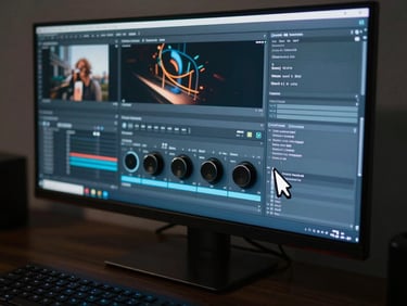 Monitor screen showing a generative visual pipeline interface — multiple comp layers visible, cursor hovering over a parameter dial, cool blue screen glow reflecting on a dark desk surface, tight framing