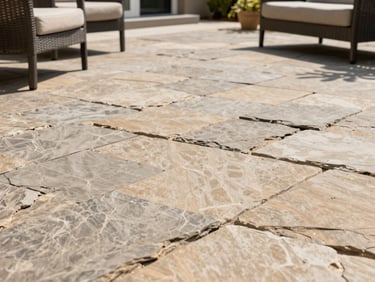 A beautiful stamped concrete patio with slate texture, warm tones, framed by outdoor furniture in bright daylight