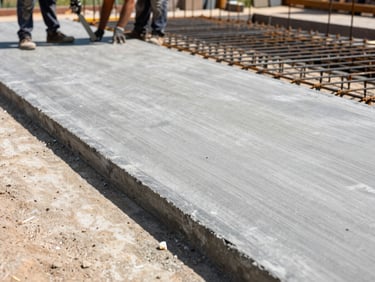Workers finishing a perfectly level concrete slab for a garage, rebar grid visible in the background, active pour site