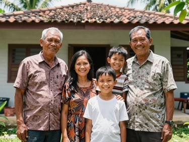 Medium shot of an Indonesian family smiling in front of their home, bright natural tropical daylight, warm encouraging atmosphere, 35mm