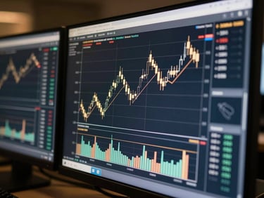 Close-up of a professional multi-monitor trading terminal displaying clean candlestick charts, low-key dramatic lighting with a subtle gold ambient glow, crisp focus, 35mm.