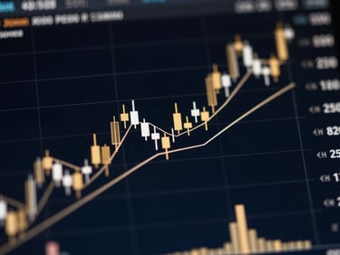 Macro close-up of a high-resolution trading terminal showing clean gold and white candlestick charts, dramatic low-key lighting, deep shadows, 35mm