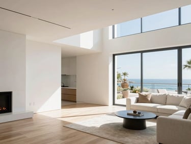 Bright architectural interior of a modern San Diego living room, sunlight streaming onto perfectly finished white walls, clean minimalist furniture, 35mm lens