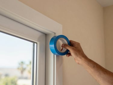 Close-up of a professional painter's hand applying blue painter's tape to a clean window frame, sharp focus, natural daylight, warm sand tones