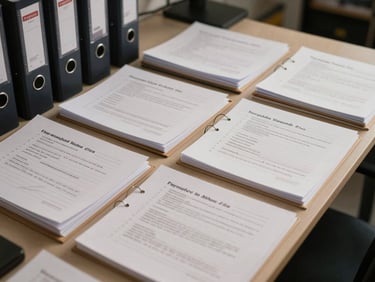 Wide shot of organized project files and legal action folders laid out on a desk, tabs labeled by phase, studio overhead lighting, dark ink binder spines, neutral warm background
