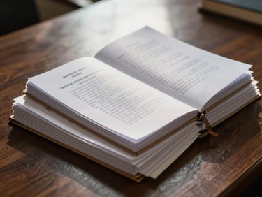 Close-up of bound Indian law reports and legal documents on a dark wooden desk, natural window light casting soft shadows, authoritative and academic atmosphere.