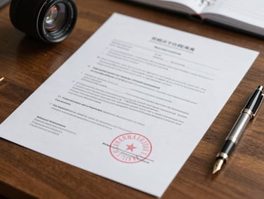Detailed view of legal documents, official stamps, and a fountain pen on a heavy wooden desk, high-contrast natural daylight.