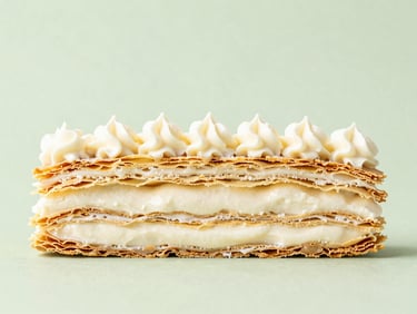 Straight-on macro shot of a perfectly sliced mille-feuille, showing distinct crispy layers and clean cream piping, bright daylight, sage green background