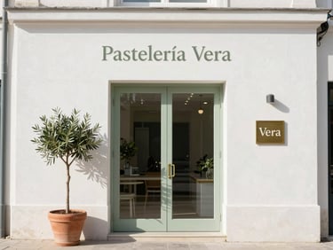 Minimalist storefront of Pastelería Vera, clean white stone facade with a small brass sign, olive tree in a terracotta pot by the glass door, morning sun.