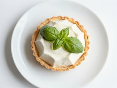 Overhead flat-lay of a geometric lemon basil tart on a minimalist white plate, soft morning light, clean white background