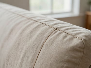 Close-up of a handstitched seam on a natural linen panel, thread tension visible, soft diffused daylight from a north window, no background props