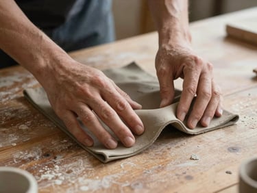 Hands shaping a clay-colored textile form on a worn wooden work table, fingers pressing a fold into place, natural side light, shallow depth of field on the hands