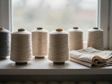 Raw spools of undyed thread and folded natural fabric arranged on a bare studio shelf, soft overcast window light, muted tones, no styling props