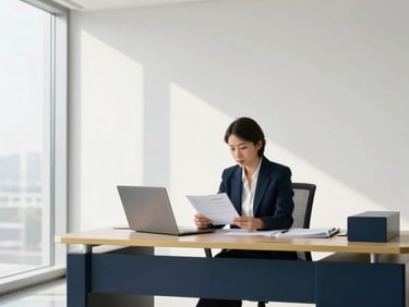 Professional office interior with a sleek desk and a focused individual reviewing documents, natural daylight, deep navy and warm gold accents, clean minimalist composition, 35mm lens.