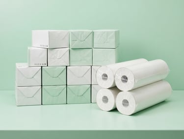 Bright high-key product photography of neatly stacked sterile gauze boxes and disposable stretcher paper rolls on a clean clinical light green background, sharp focus, 50mm