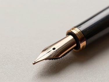 Macro close-up of a premium fountain pen nib on thick textured paper, dramatic side-lighting, deep bronze accents, sharp focus