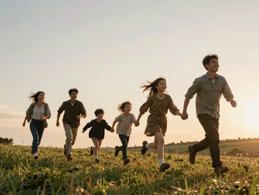 Cinematic wide shot of a family running together on a grassy hill, wind in their hair, warm sunset lighting, pure joy.