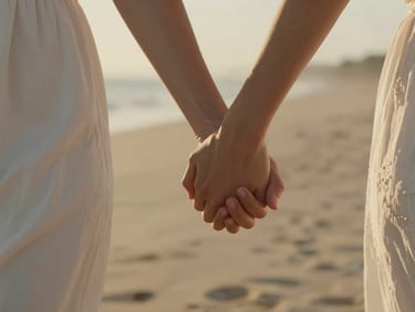 Close-up of a couple's hands intertwined while walking on a sandy beach during golden hour, soft focus, warm light.