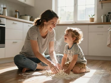 A mother and child laughing on a sunlit kitchen floor, flour dust in the air, warm side lighting from a window, candid moment.