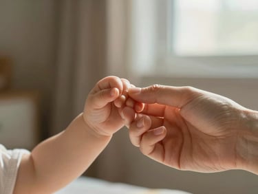 Tight intimate crop of a mother's hand gently holding her toddler's tiny fingers, soft warm indoor window light, shallow depth of field