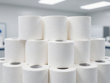 Neatly stacked industrial toilet paper rolls in a sterile white warehouse, clinical lighting, architectural framing.