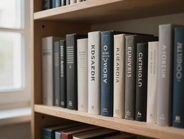 A quiet studio shelf with beautifully bound brand design books, soft morning light filtering through a window.