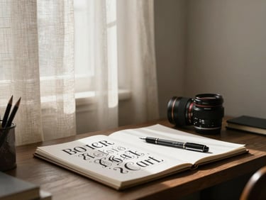 A quiet studio corner with soft daylight filtering through linen curtains, focusing on a desk with a sketchpad, fine-line pens, and typography proofs.