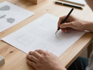 Close-up of artisan hands carefully arranging physical layout mockups on a light oak studio table, soft overhead daylight.