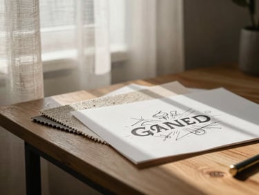 Quiet, sunlit studio corner with natural light filtering through linen curtains, a wooden table holding textured paper swatches and a hand-drawn brand sketch, soft shadows, macro-level depth.
