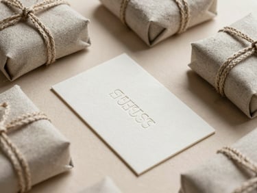 Wide landscape shot of a bespoke brand identity system, showing embossed letterpress cards and linen-wrapped packaging on a soft beige surface.