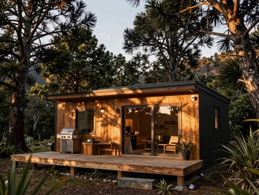Cozy rustic-modern cabin nestled high among tall Coihue and Araucaria trees, spacious wooden deck with an outdoor grill, soft golden hour sunlight filtering through branches, editorial travel photography