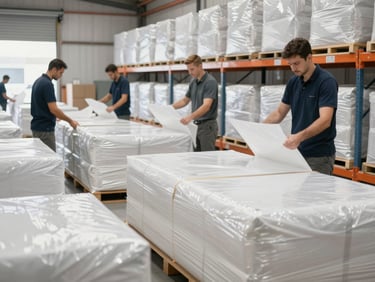 Professional packing team in a clean warehouse wrapping fragile household goods in heavy-duty protective material, bright daylight