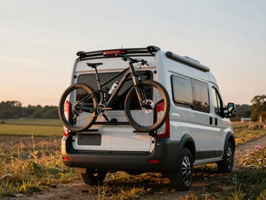 Functional and clean rear storage system of a Weinsberg camper, mountain bikes securely mounted, German engineering precision, 35mm