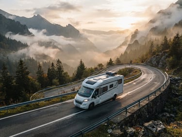 Wide panoramic view of a premium motorhome traveling along a scenic mountain pass in the Carpathians, dramatic morning mist, soft golden-hour backlighting, 35mm