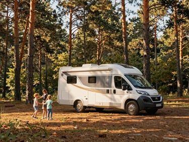 A spacious Rimor family motorhome parked in a sunny pine forest, kids playing nearby, warm morning sun filtering through trees, cinematic 35mm