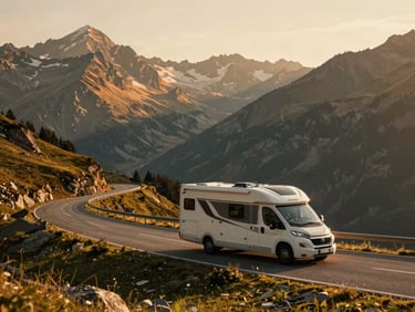 An active Roller Team motorhome on a winding mountain pass in the Alps, dramatic peaks, golden hour lighting, dynamic composition