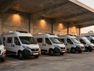 A modern concrete delivery showroom with multiple premium motorhomes lined up under dramatic soft spotlights, 35mm