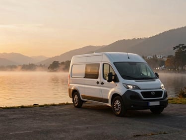 A modern McLouis campervan parked near a quiet Italian lake at sunrise, elegant design reflecting on the water, soft morning mist, cinematic