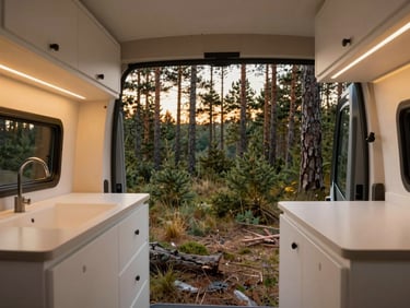 Modern minimalist interior of a McLouis campervan, clean white countertops, LED ambient lighting, view of pine forests through the side window