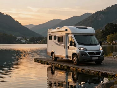 A luxury integrated motorhome parked by a calm mountain lake at sunrise, reflections on water, golden hour light, 35mm