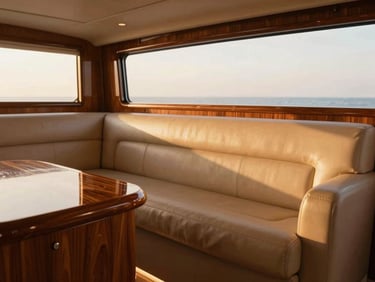 Close-up of a Mobilvetta interior showing yacht-inspired wood finishes, premium leather seating, soft warm ambient lighting, luxurious details
