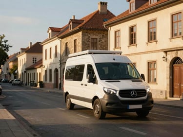 A compact Vanline campervan maneuvering effortlessly through a historic European town street, warm afternoon sun casting long shadows, 35mm