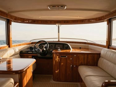 Ultra-luxurious yacht-style wood and leather finishes inside a Mobilvetta cockpit, high-end steering wheel, polished chrome details, golden hour light