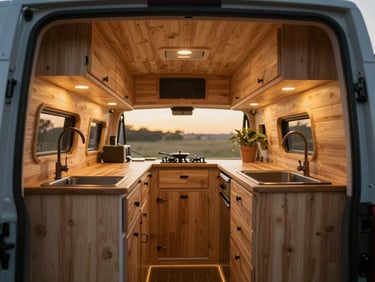 Interior of a custom converted campervan showing modular wooden kitchen and ambient warm lighting, close-up macro