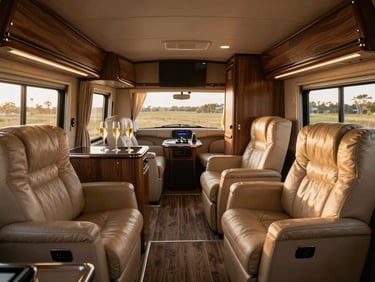 Exclusive VIP lounge setup inside a premium RV Stars vehicle, plush leather captain chairs, champagne glasses on a sleek console, warm light