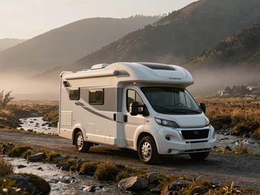 A Roller Team motorhome parked near a mountain stream under morning mist, soft light reflecting on the aerodynamic cab, 35mm