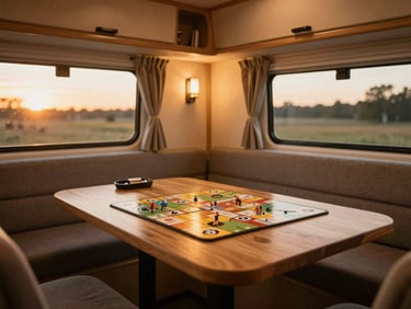 Close-up of a cozy, illuminated modular dining area inside a Rimor motorhome, family board game on the wooden table, warm evening light, 35mm